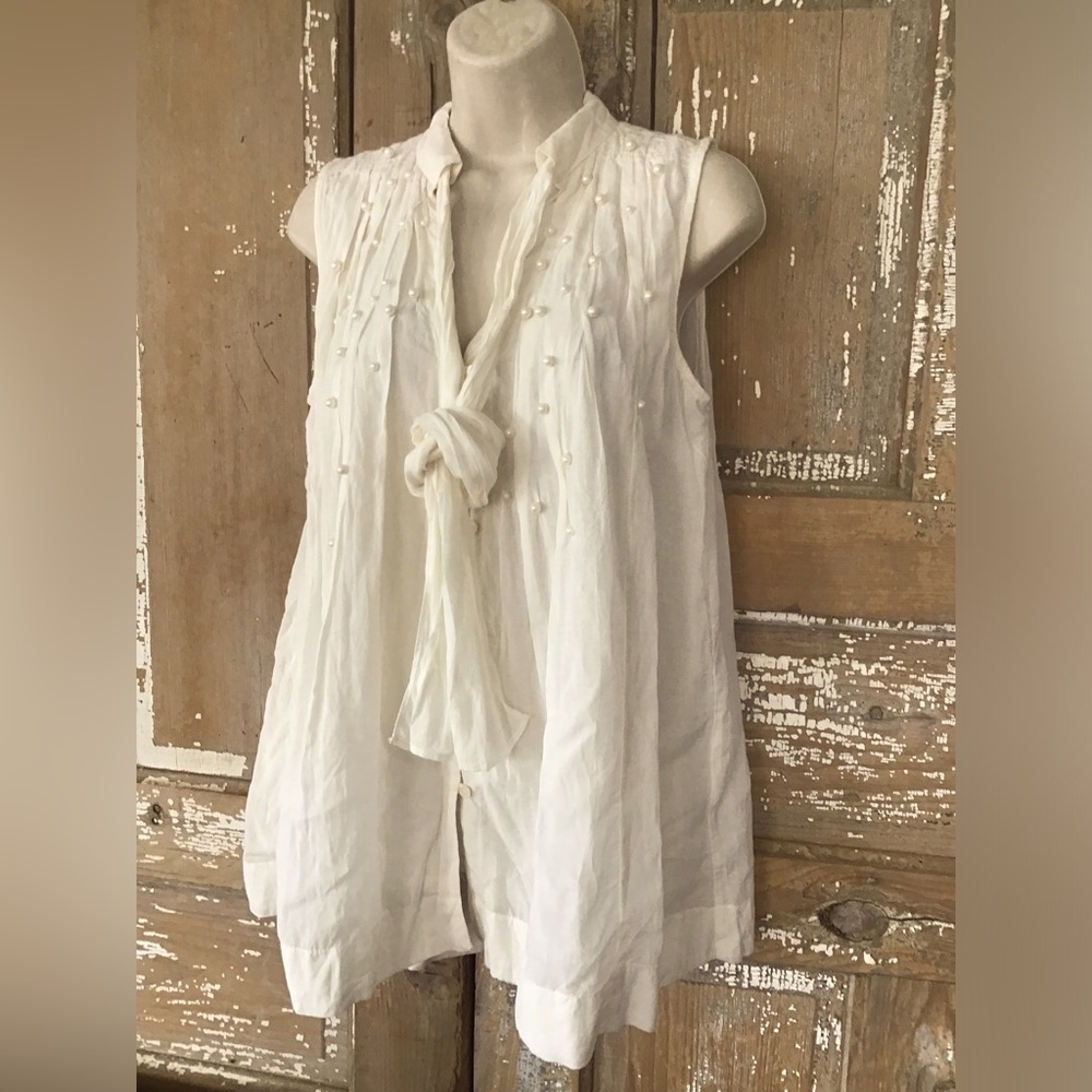 NWT Anthropologie Feather Bone Women's XS Leonie Pearl Trim Tie-Neck Top Ivory